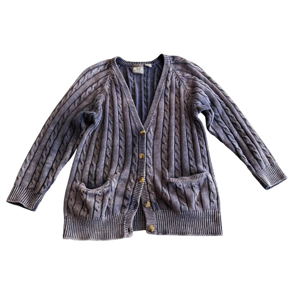 Pasta VTG 90s Cotton Blend Cable Knit Acid Dyed Denim‎ Indigo Cardigan Sweater M